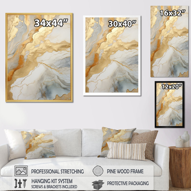 «Beige and Gold Glacier Stone Art», reproduction sur toile, Cadre flottant doré, H 40 po x l 30 po x P 1,5 po