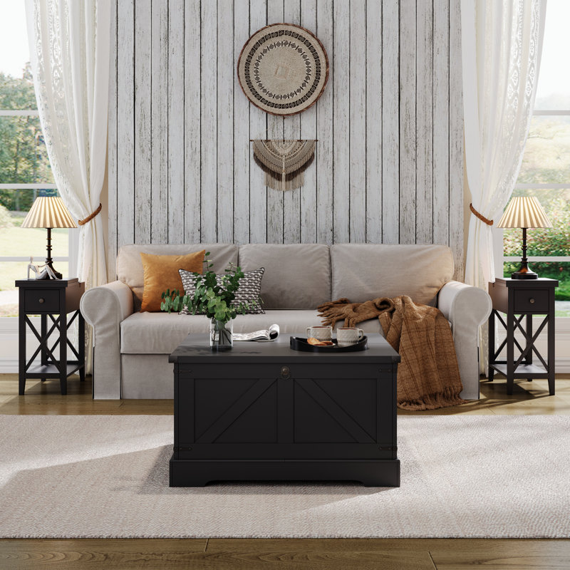 Table basse à plateau relevable 31,5 "avec rangement Farmhouse, Noir, Noir