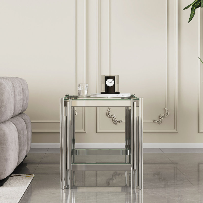 Table de bout moderne en verre trempé avec structure en acier inoxydable argenté