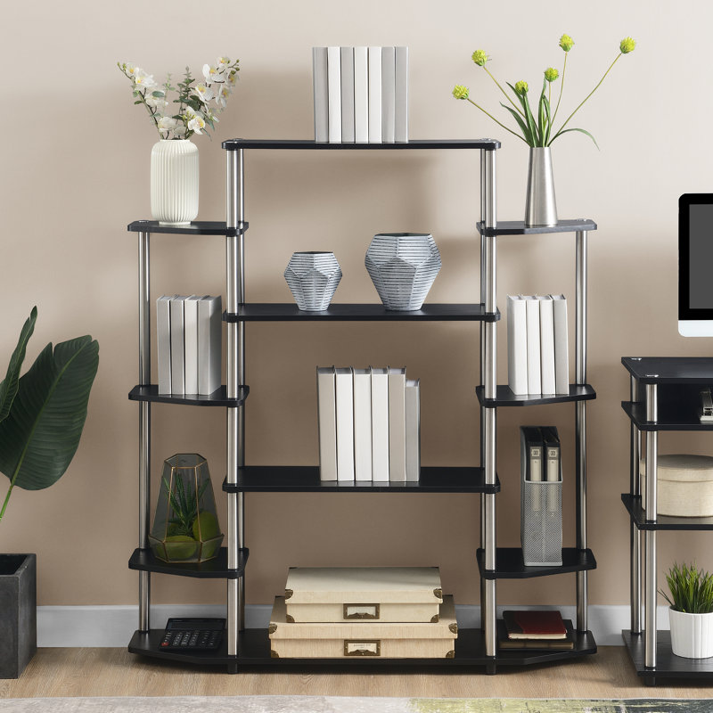 Edwin 52.5'' H x 47.25'' W No Tools Bookcase, Black/Silver poles