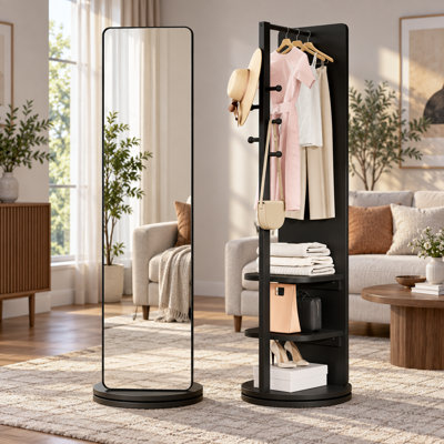 Miroir sur pied pivotant à 360° avec portemanteau et crochets, gain de place, noir