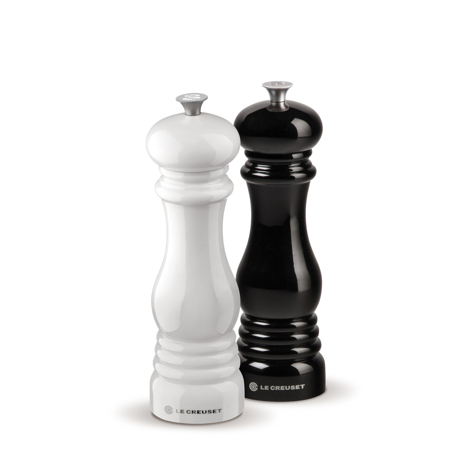 Le Creuset Set of 2 Salt and Pepper Mills, Black/White, 8" H x 2.5" W x 2.5" D