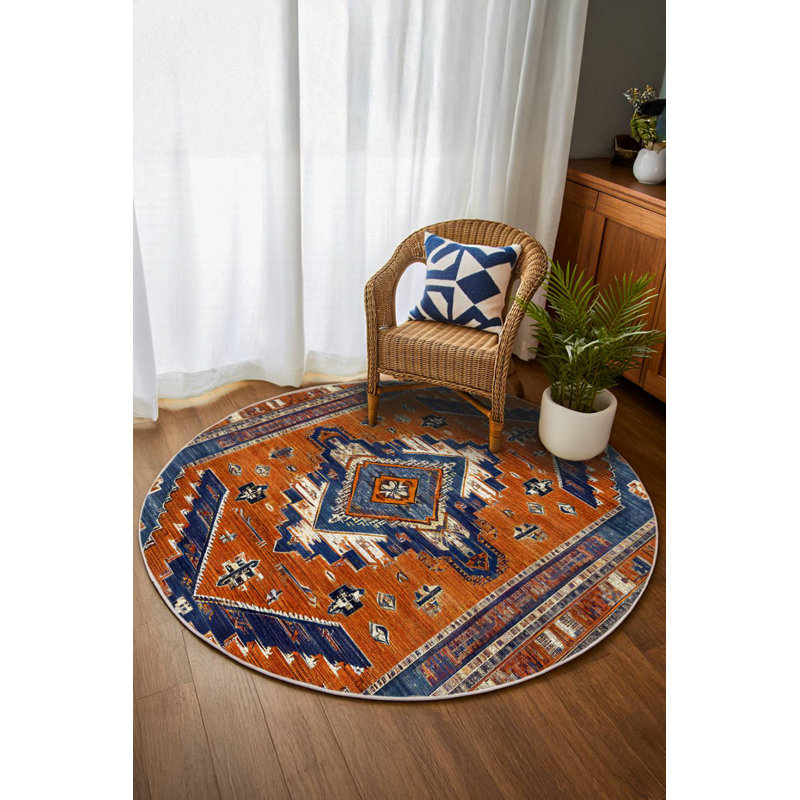Tapis bleu marine en coton et polyester à imprimé numérique Martwon Collection, Rond 2 pi 8 po