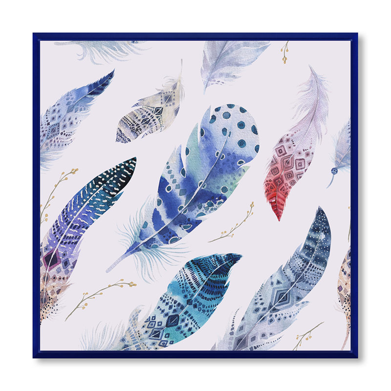 «Elegant Blue Boho Feathers», impression sur toile, H 16 po x l 16 po x P 1 po, Encadrement bleu