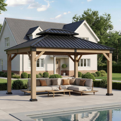 14 ft. W x 12 ft. D Outdoor Cedar Wood Gazebo with Galvanized Steel Double Roof
