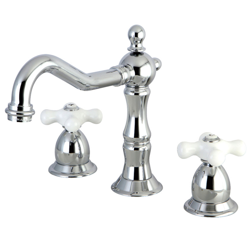 Kingston Brass Heritage Two-Handle 3-Hole Deck Mount Widespread Bathroom Faucet with Brass Pop-Up Drain, Polished Chrome
