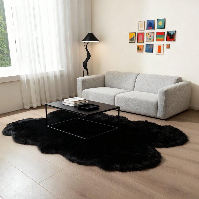 Soft Fluffy Black Faux Sheepskin Area Rug, Novelty 4' x 6'