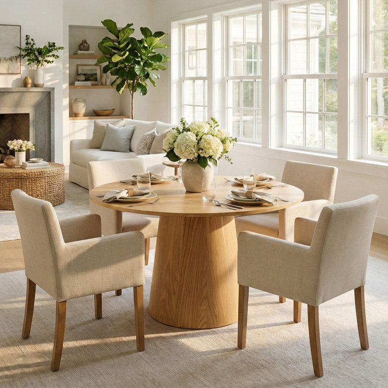 Ensemble de table de salle à manger pour 4 personnes Sarosh avec table ronde de 52 po et 4 fauteuils rembourrés en lin, Beige