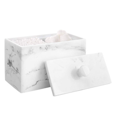 Cotton Swab Holder Dispenser With Lid, 2 Compartments Cotton Ball Organizer, Bathroom Container For Cotton Round, Floss, Ink White