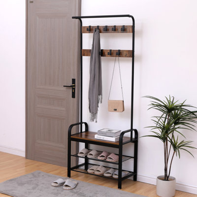 Portemanteau, portemanteau avec banc à chaussures pour le vestibule, banc de vestibule avec portemanteau, 4 en 1, avec 9 crochets amovibles, une tringle suspendue, 13,8 x 25,2 x 72,8 pouces