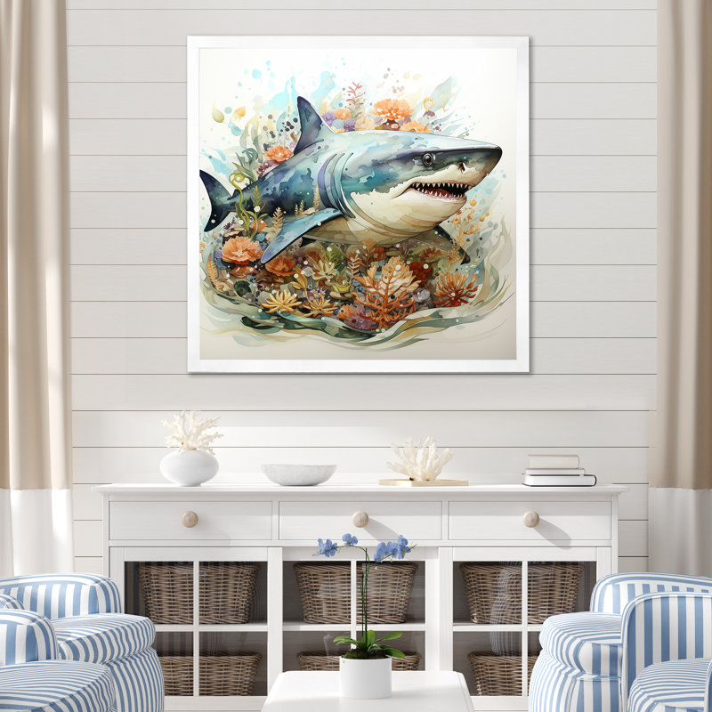 «Curious Shark Ocean Blooms I» - art mural requin, H 30 po x l 30 po x P 1,5 po, Cadre simple blanc
