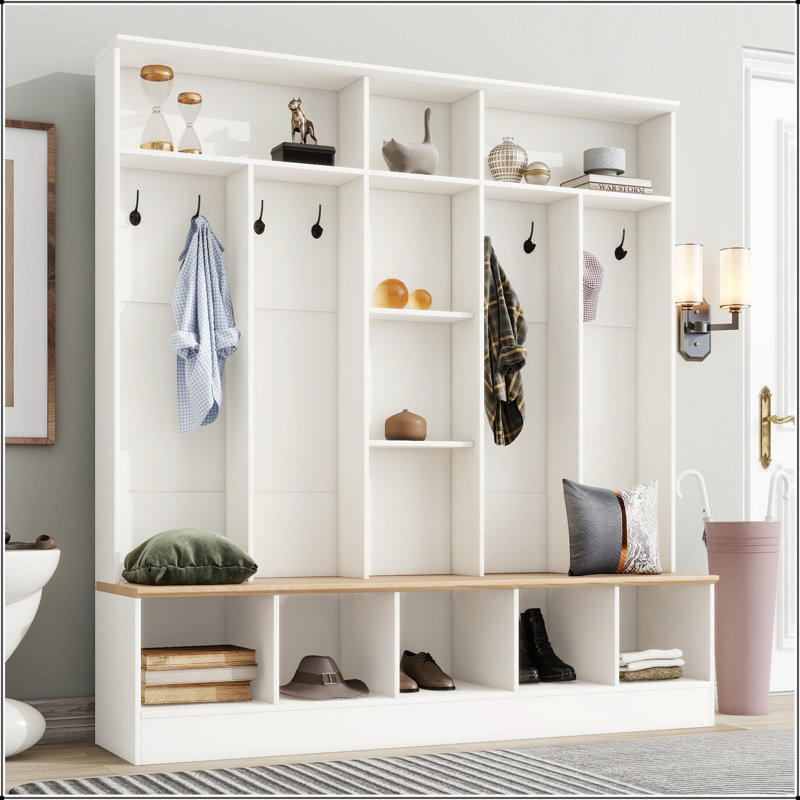 Wide Design Hall Tree with Storage Bench, Minimalist Shoe Cabinet with Cube Storage & Shelves, Multifunctional Coat Rack with 8 Hooks