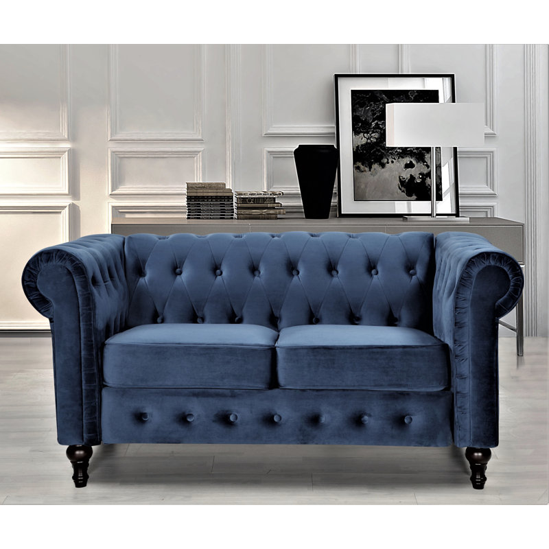 Ariclia 61.02" Round Arm Chesterfield Loveseat, Dark Blue Velvet