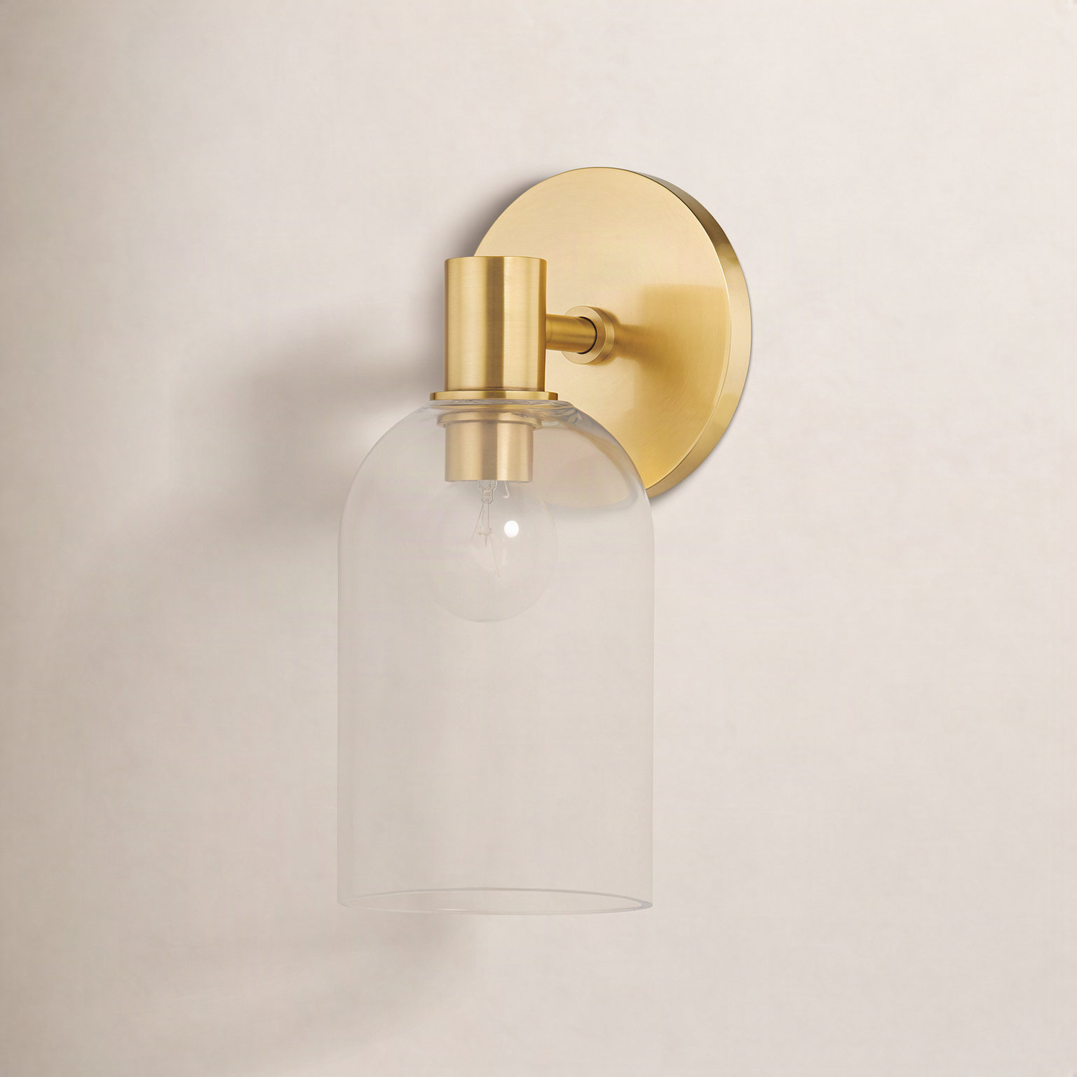 Clementine Single Transparent Dimmable Bath Sconce, Aged Brass