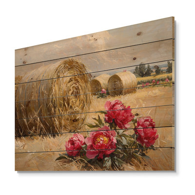Country Charm Peonies Near The Hay Bales I - Peonies Wood Print - On Natural Pine Wood
