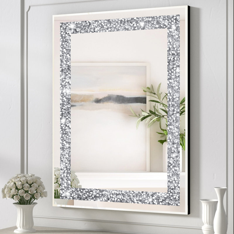 Davaunte Glass Framed Rectangle Wall Mirror Accent Decorative Mirror Crystal Diamond Horizontal and Vertical, 35.2" x 23.4"