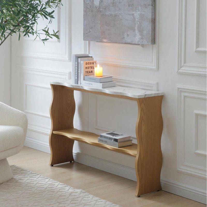 47.24" Whisper Of Waves Modern Console Table W/ White Marblepattern Top, Solid Wood Veneered Sofa Table W/ Open Storage Shelf, Entryway Table For Living Room, Natural Wood