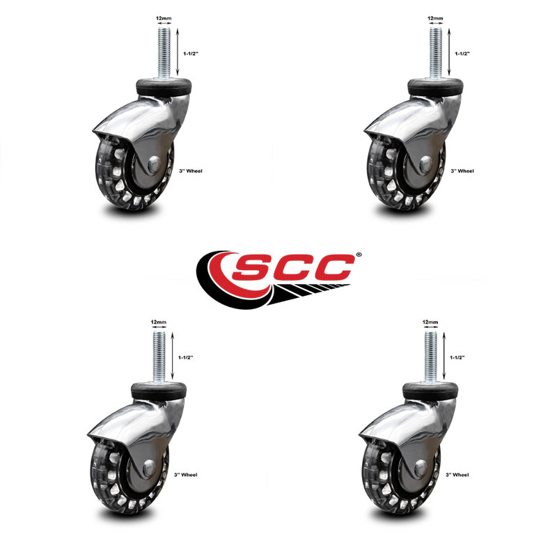 3 Inch Bright Chrome Hooded Polyurethane 12mm Threaded Stem Casters Set 4 SCC