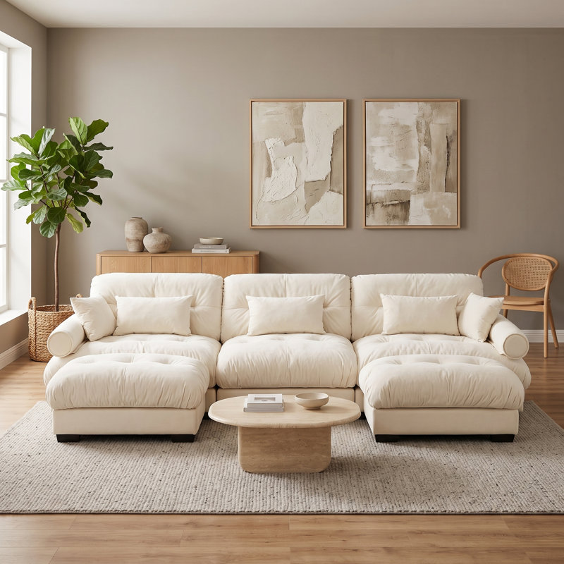 Canapé modulaire 3 places en velours crème, avec 2 poufs amovibles, coussins de dossier et traversins., 3 Seat+2 Ottoman