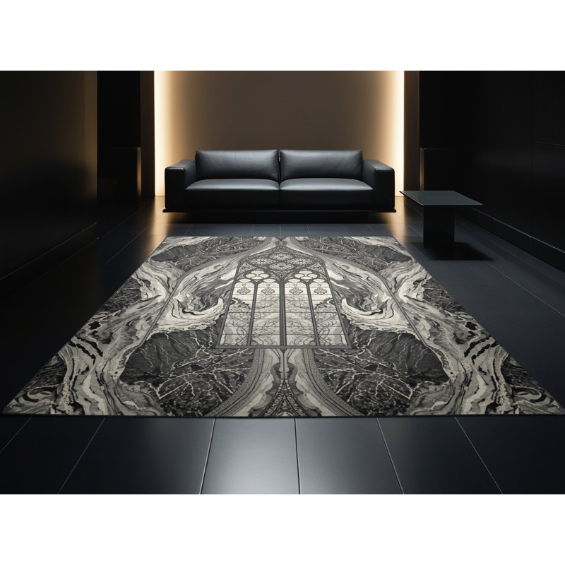 Machine Washable Bates Ornate Glam Marble Rug in Black – Black Binding, 8x12