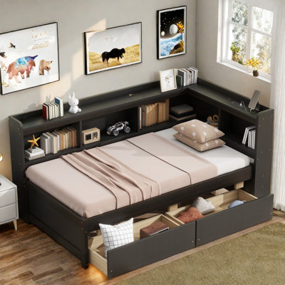 L-shaped Daybed With Bookcases, Charging Station And Two Drawers by Red Barrel Studio
