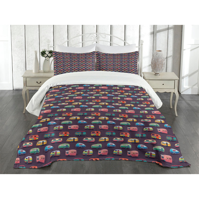 Ambesonne Ambesonne Happy Camper Bedspread Set Retro Colorful Vans Multicolor