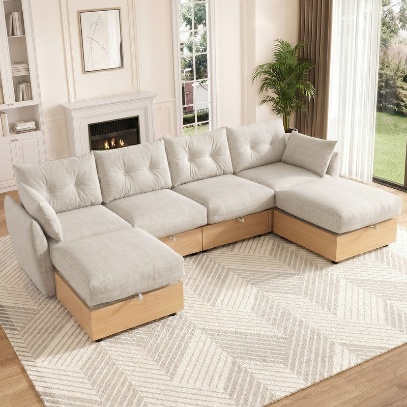 Canapé-lit modulaire en forme de U de 120 po avec rangement, grand canapé modulaire convertible avec méridienne réversible, canapé Cloud à assise profonde, canapé de salon rembourré beige avoine avec base en grain de bois