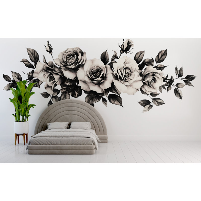Papier peint floral noir, noir et rose, H 24 po x l 13 po