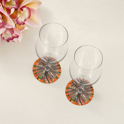 Pheasant Feathers Orange Vegan Leather Round Coasters