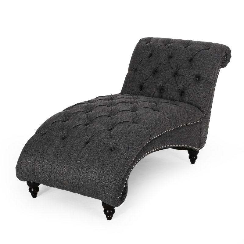 Chaise longue Comfy Curvy, tissu gris anthracite piqué à boutons et à losanges, chaise longue à pieds en bouleau, style bois
