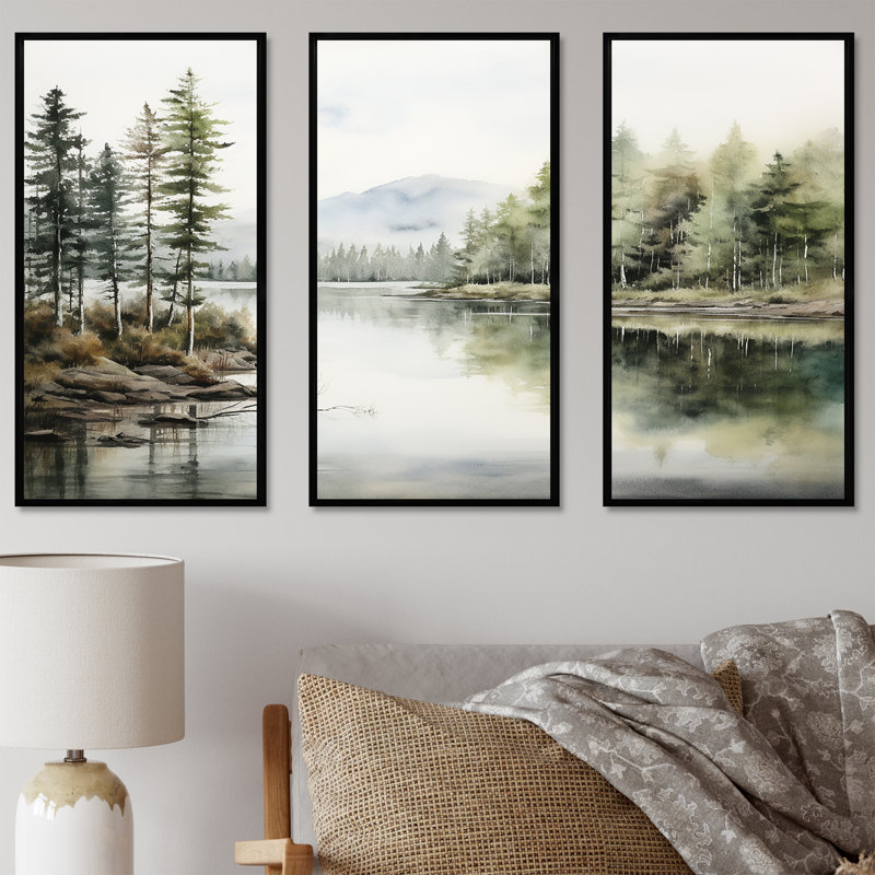 Ensemble de décoration murale scandinave Lake Tranquility - River, H 28 po x l 36 po x P 1 po, Cadre flottant noir