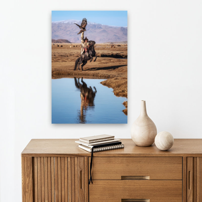 Aigle royal, chasseur, reflet, oiseau traditionnel, aigle, cheval, paysage, montagne, art mural, 18" H x 12" W