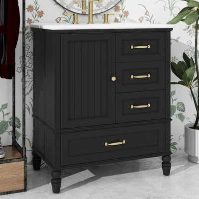 Meuble-lavabo 30 po avec lavabo - armoire avec 1 porte, 3 tiroirs, pieds en bois massif et patins réglables