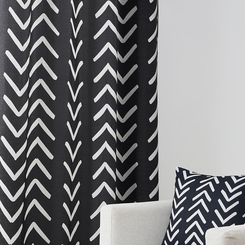 Black and White Pattern Linen Curtains,Room Darkening Herringbone Fabric Grommet Drapes,Set of 2, 52'' W x 72'' L