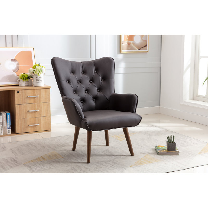 Arela PU Leather Upholstered Accent Chair with Rubberwood Legs, Brown Polyurethane