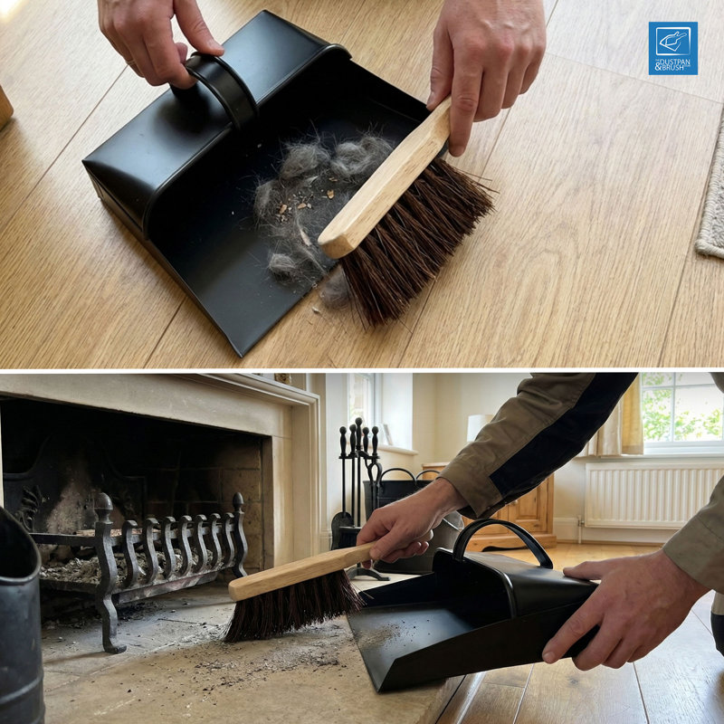 Strong Metal Hooded Dustpan with Stiff Brush
