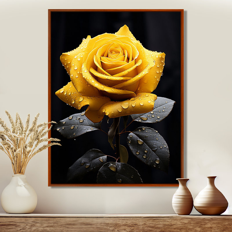 Danail, jaune, noir, rose, élégance III - fleurs, art mural, H 32 po x l 24 po x P 1 po, Cadre flottant brun