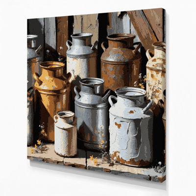 Farm Milk Cans Brown Canvas Wall Art