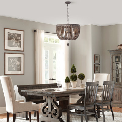 3-Light Slate Wood Beads Bowl Chandelier