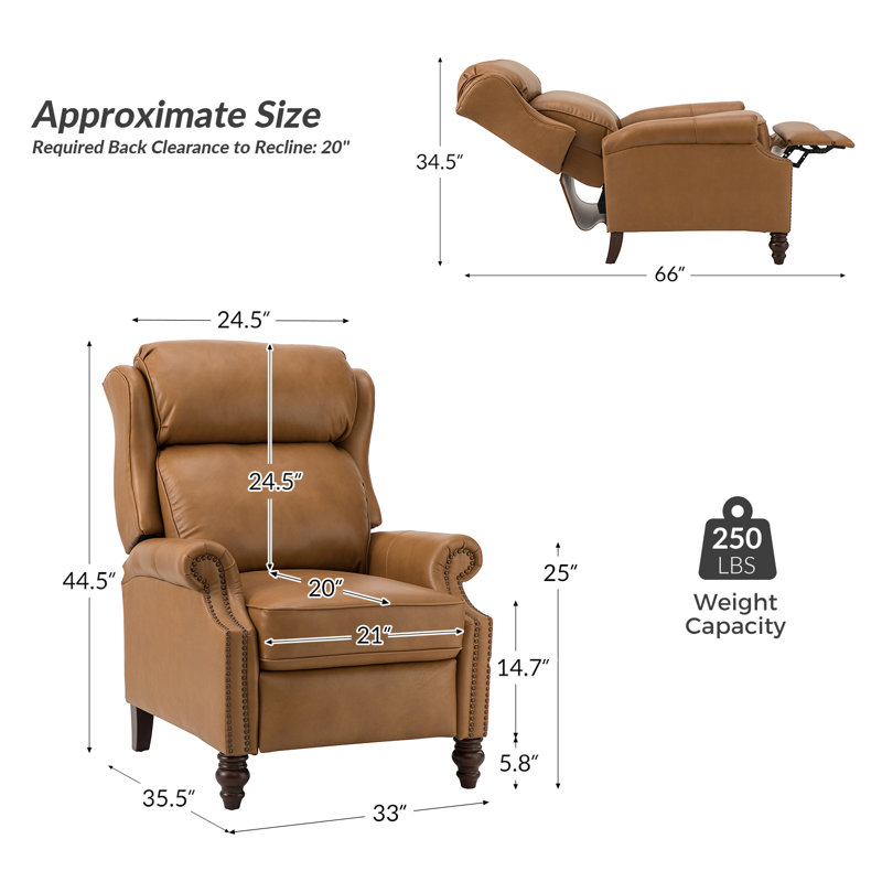 Fauteuil inclinable en cuir véritable l 33 po Ambrosane, Cuir fleur camel