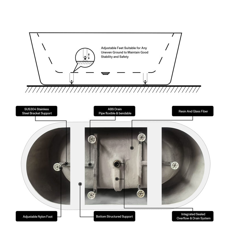 Empava 59 In. X 31.5 In. Freestanding Flat Bottom Bath Tub Oval Soaking Bathtub With Center Drain In White