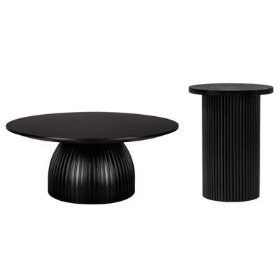 Table basse ronde cannelée noire et ensemble de tables de bout en bois massif de 22 pouces