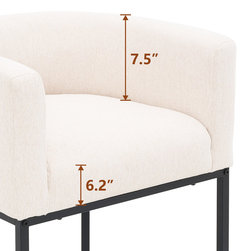 26" Upholstered Metal Barrel Counter Bar Stool, Linen Seat/Black Frame, 3