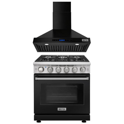 KOSTCH 30 inch Range + 30 inch Ducted Wall Mount Range Hood Set,Kostch 30" Range 4.55 Cu.ft. Freestanding Stove with 6 Burners,600 CFM Suction Power with Touchscreen Control Range Hood