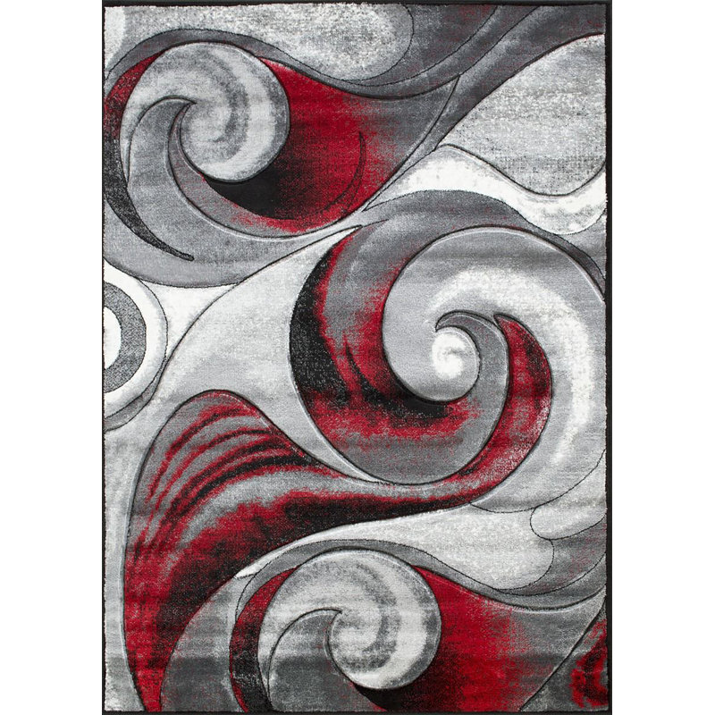 Tapis rouge / gris à motif abstrait Aftan, Rectangle de 7 pi x 10 pi 5 po