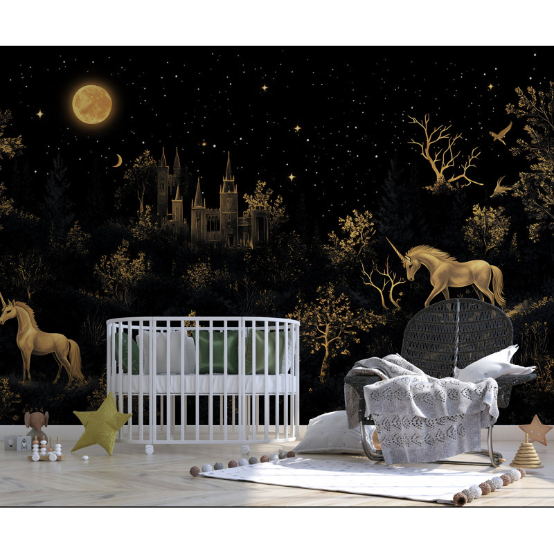 Papier peint mystique, licorne et château - scène de forêt enchantée la nuit, L 144 po x l 100 po, Non tissé
