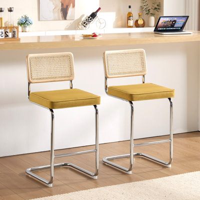 Marlow Upholstered 26" Velvet Counter Stool with Rattan Cane Back and Metal Frame
