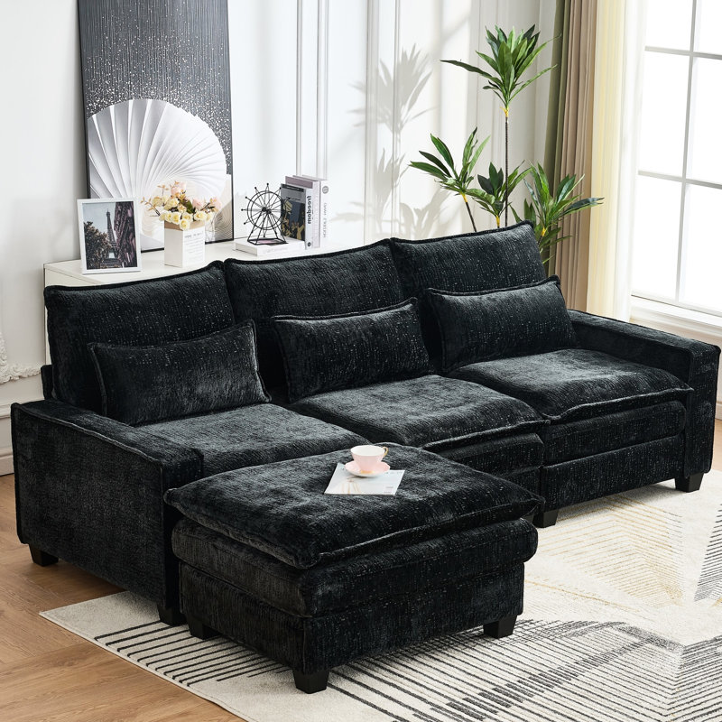 Canapé modulaire en chenille de 99 po de style salon en L 4 places, siège moelleux et mi-moelleux, confort en nuage, mousse et ressorts à double couche, base en bois massif en forme de L noire pour salon