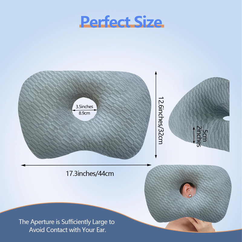 Ear Piercing Pillow with an Hole for CNH and Ear Pain Inflammation Pressure Sores for Side Sleepers, Cotton and Polyester Side Sleeper Pillow, Washable and Adjustable Ear Guard Pillow