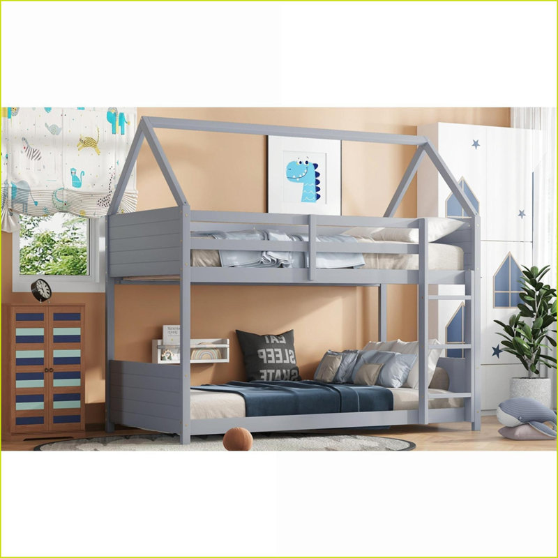 Twin Over Twin Rubber Wood Bunk Bed with Guardrails and Ladder No Box Spring Light Grey, Gray